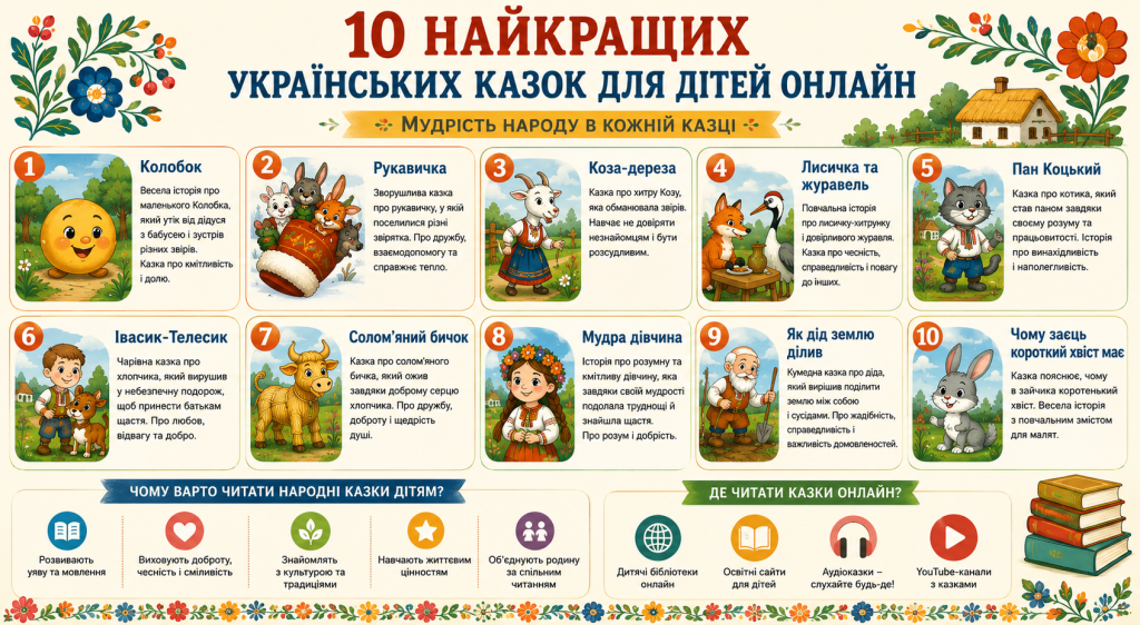 Інфографіка з десятьма найкращими українськими народними казками для дітей — Колобок, Рукавичка, Коза-дереза та інші, з описом, ілюстраціями та порадами де читати онлайн