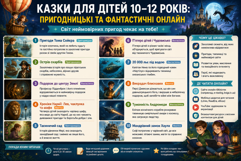 Інфографіка з топ-10 пригодницьких і фантастичних книг для дітей 10–12 років — Том Сойєр, Острів скарбів, Хроніки Нарнії та інші, з описами та порадами де читати онлайн