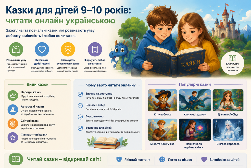 Інфографіка про казки для дітей 9–10 років: види казок, переваги читання онлайн та популярні твори — Кіт у чоботях, Хлопчик і дракон, Снігова королева, Микита Кожум'яка