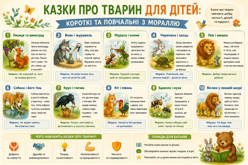 Інфографіка з десятьма казками про тварин для дітей — Лисиця та виноград, Вовк і журавель, Мураха і коник та інші, з ілюстраціями, короткими описами та мораллю кожної