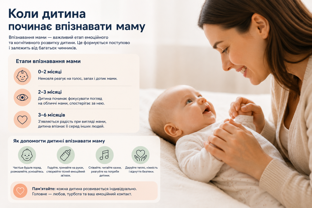 Інфографіка «Коли дитина починає впізнавати маму» з етапами від 0 до 6 місяців та порадами для батьків поруч із фото усміхненого немовляти з мамою