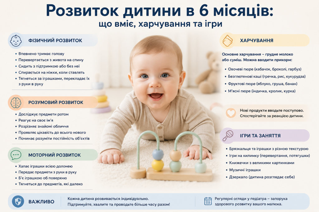 Інфографіка «Розвиток дитини в 6 місяців» із блоками про фізичний, розумовий і моторний розвиток, харчування та ігри на тлі фото усміхненого малюка з іграшкою
