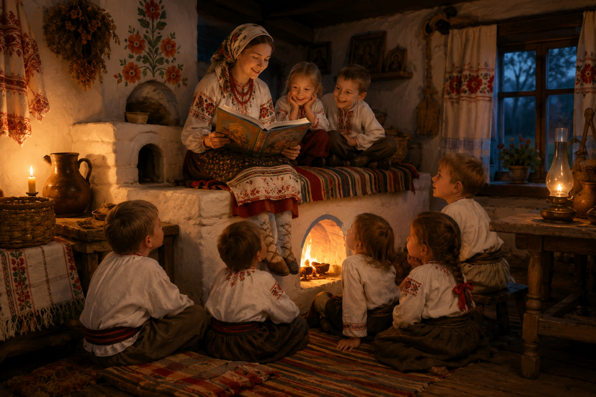 Молода жінка в українському одязі читає книгу казок групі дітей у вишиванках, сидячи на печі у традиційній українській хаті при свічках