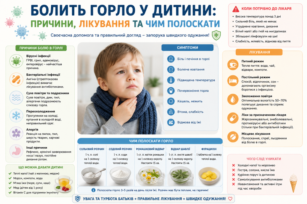 Інфографіка про причини болю в горлі у дитини, симптоми та чим полоскати