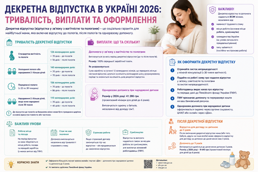 Інфографіка про декретну відпустку в Україні у 2026 році з інформацією про терміни, виплати та порядок оформлення