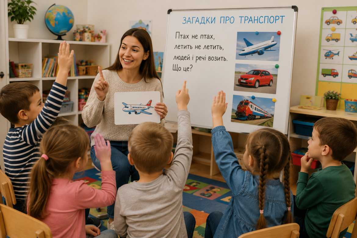 Вихователька з дітьми відгадують загадку про літак у дитячому садку