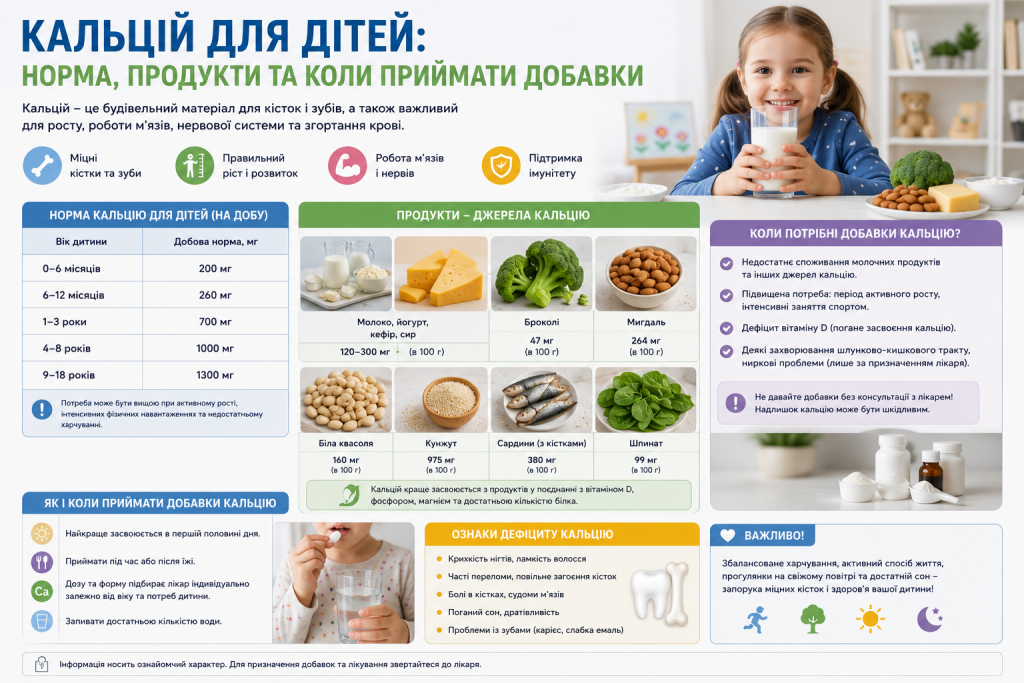 Інфографіка про добову норму кальцію для дітей, продукти з високим вмістом кальцію та рекомендації щодо добавок