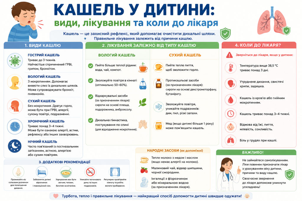 Інфографіка про види кашлю у дитини, лікування та коли звертатися до лікаря