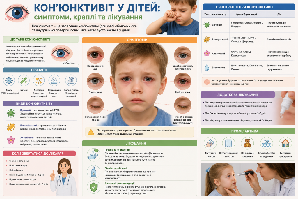 Інфографіка про дитячий кон’юнктивіт із симптомами, видами захворювання, прикладами очних крапель, методами лікування, профілактикою та рекомендаціями щодо звернення до лікаря.