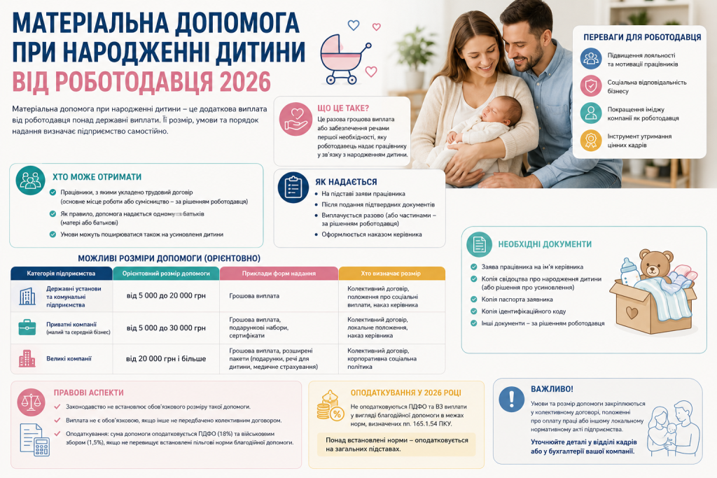 Інфографіка про матеріальну допомогу при народженні дитини від роботодавця, умови отримання та необхідні документи