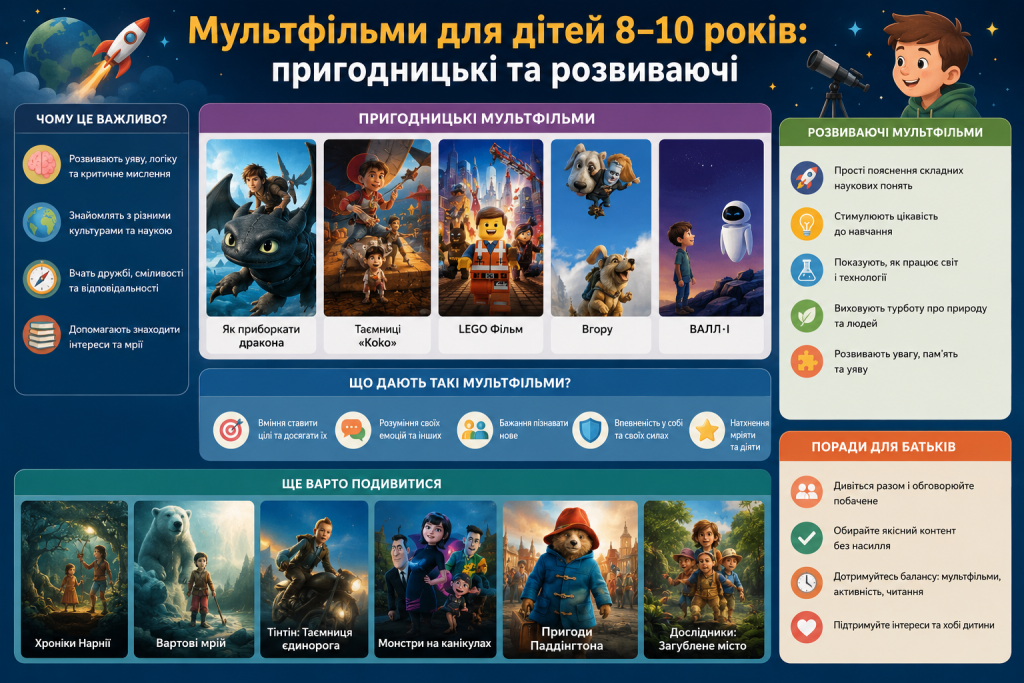 Інфографіка з підбіркою пригодницьких та розвиваючих мультфільмів для дітей 8–10 років з порадами для батьків