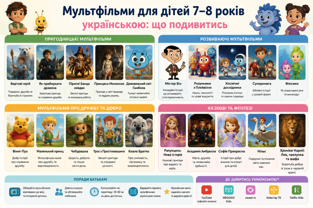 Інфографіка з підбіркою мультфільмів українською мовою для дітей 7–8 років за категоріями та порадами де дивитись