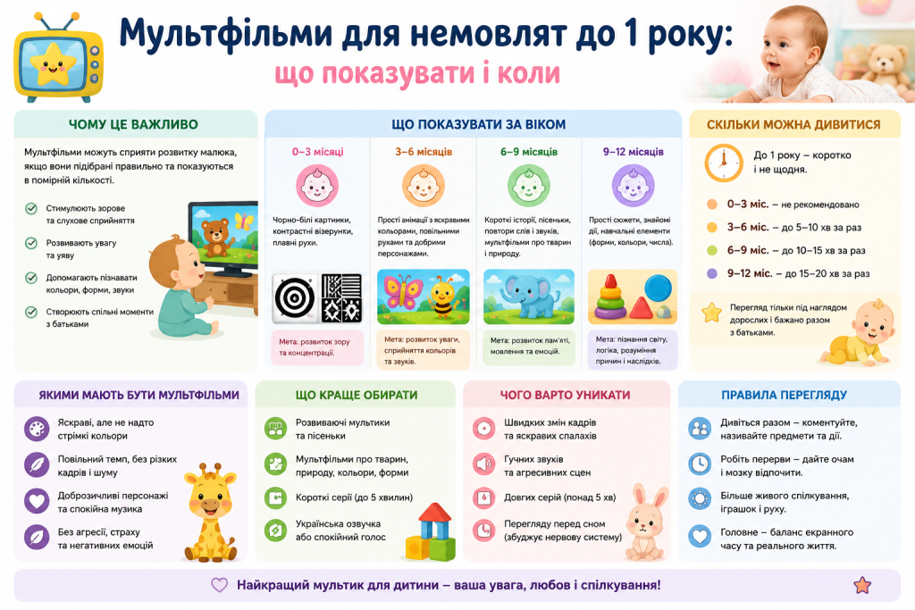 Інфографіка про мультфільми для немовлят з рекомендаціями за віком, тривалістю перегляду та порадами для батьків