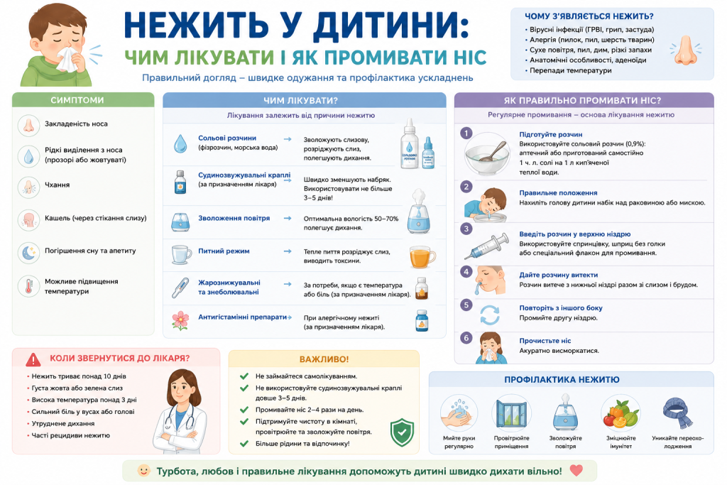 Інфографіка про лікування нежитю у дитини та як правильно промивати ніс