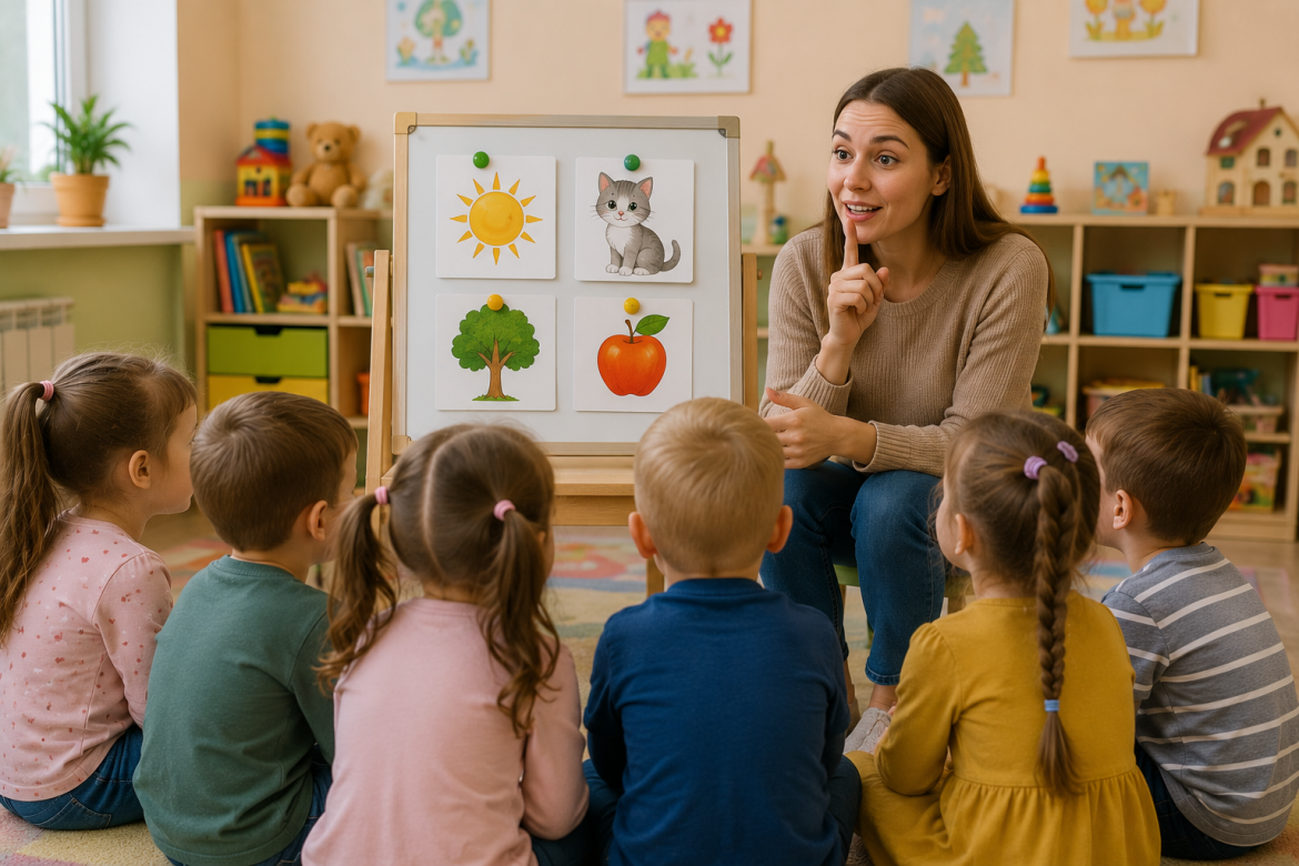 Вихователька загадує дітям загадки з картинками сонця, кота, дерева та яблука на дошці в дитячій кімнаті