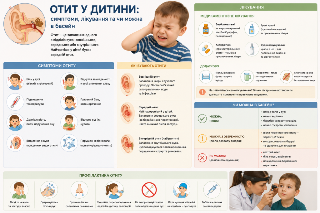 Інфографіка про отит у дітей із симптомами, видами запалення вуха, методами лікування, профілактикою та рекомендаціями щодо відвідування басейну після одужання.