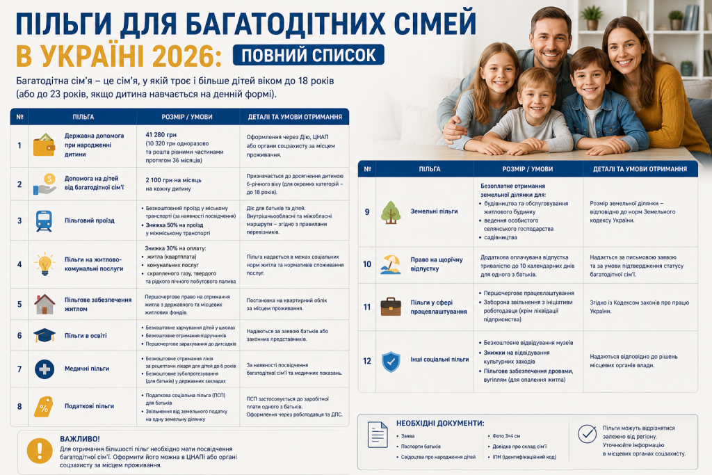 Інфографіка про пільги для багатодітних сімей в Україні у 2026 році з переліком виплат, пільг і необхідних документів
