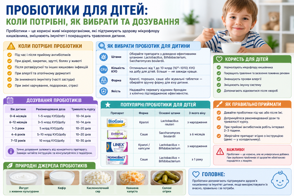 Інфографіка про пробіотики для дітей із рекомендаціями щодо вибору, дозування та показань до застосування