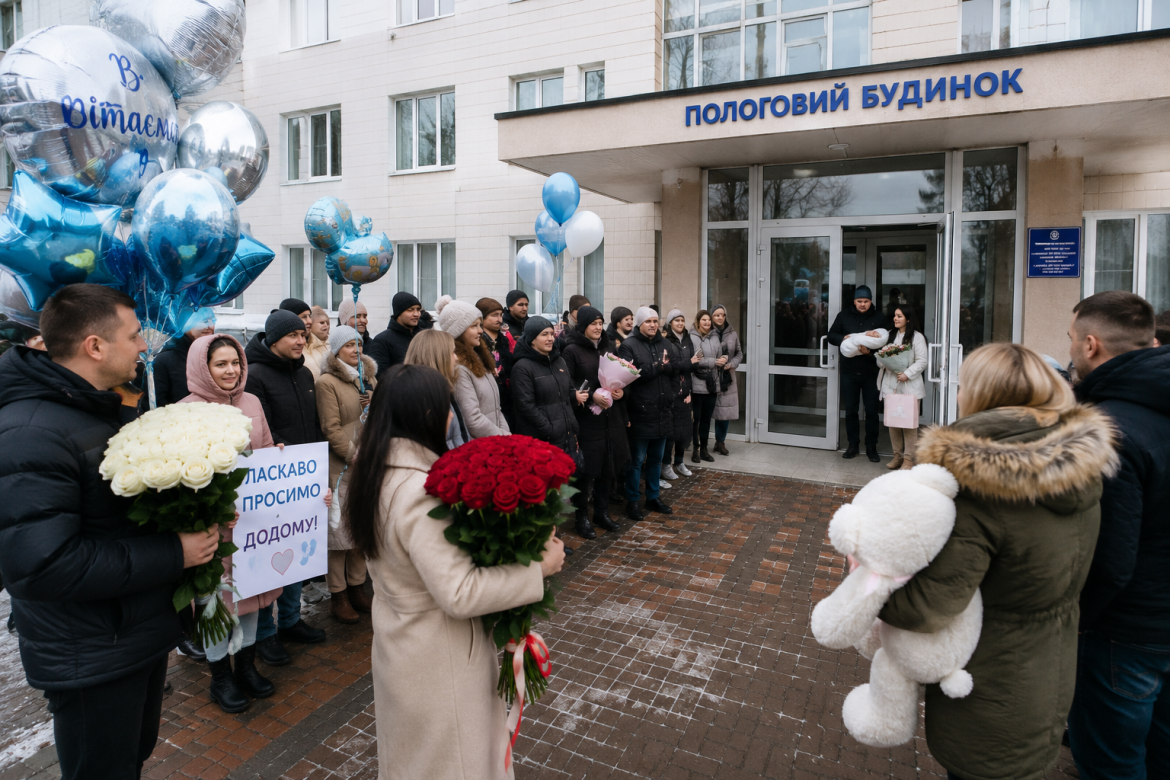 Родичі з квітами та повітряними кулями зустрічають маму з немовлям біля пологового будинку