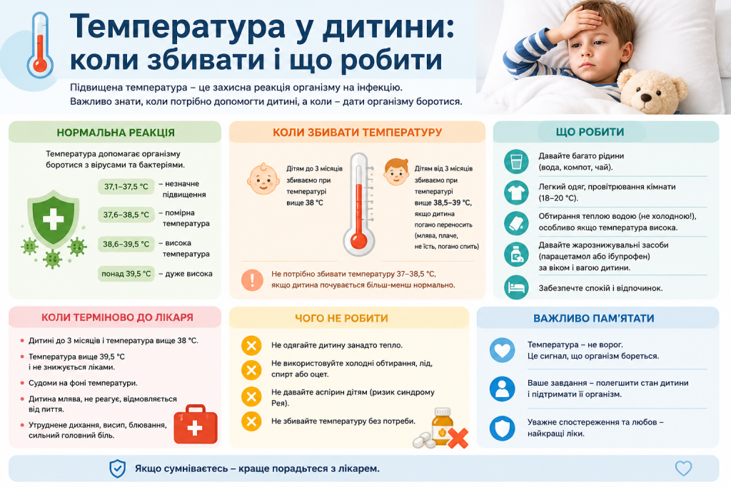 Інфографіка про температуру у дитини з нормами, коли її збивати, що робити та коли терміново звертатись до лікаря