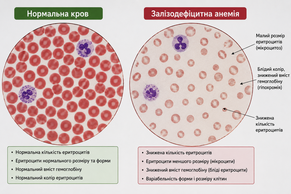 Схематичне порівняння нормальних еритроцитів і змін при залізодефіцитній анемії: мікроцитоз, гіпохромія та зменшення кількості еритроцитів.