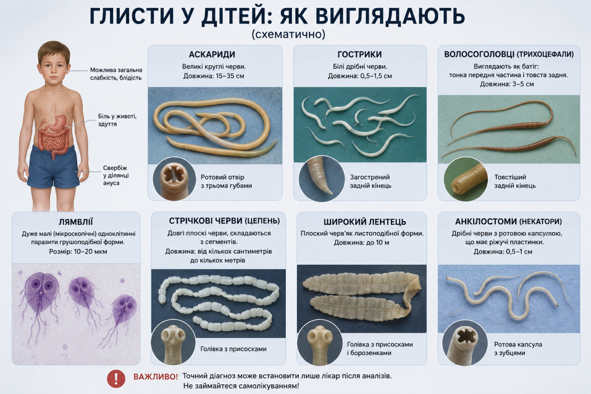 Схематичне зображення найпоширеніших паразитів у дітей: аскарид, гостриків, волосоголовців, лямблій, стрічкових червів, широкого лентеця та анкілостом із коротким описом.