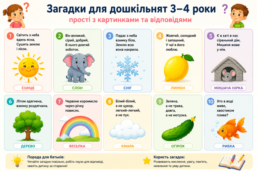 Інфографіка з десятьма простими загадками для дошкільнят з картинками та відповідями, а також порадами для батьків