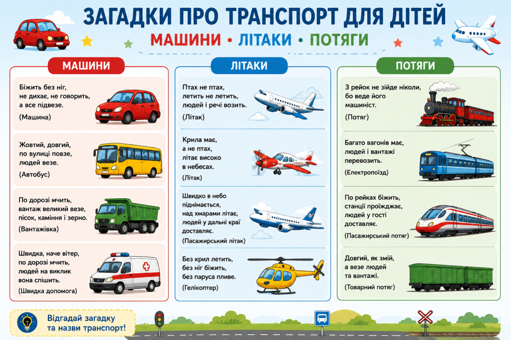 Загадки про машини, літаки та потяги для дітей з відповідями та ілюстраціями