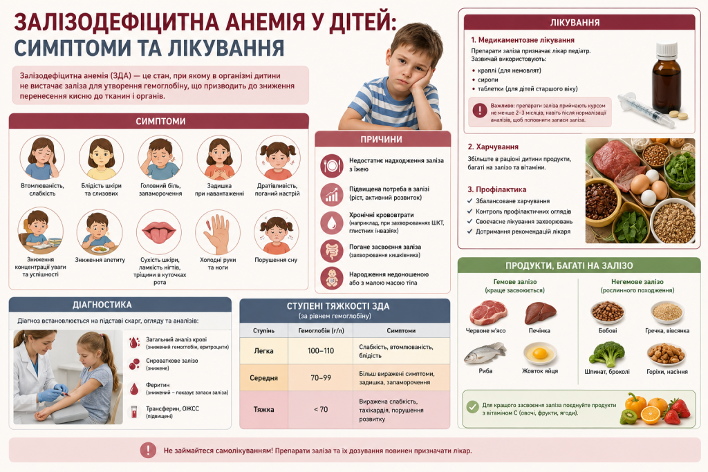 Інфографіка про залізодефіцитну анемію у дітей із симптомами, причинами, методами діагностики, ступенями тяжкості, лікуванням і продуктами, багатими на залізо.