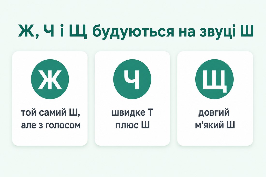 Схема: звуки Ж, Ч і Щ будуються на основі звука Ш