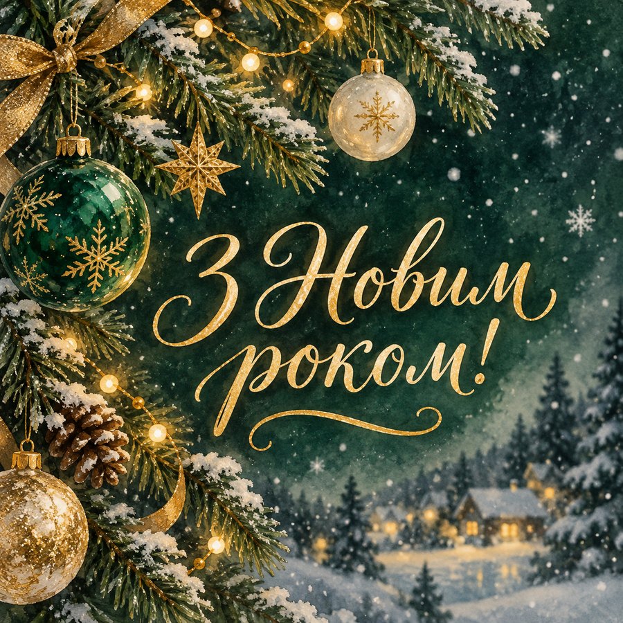 Листівка «З Новим роком!»: ялинкова гілка з кулями і гірляндою на темно-зеленому тлі