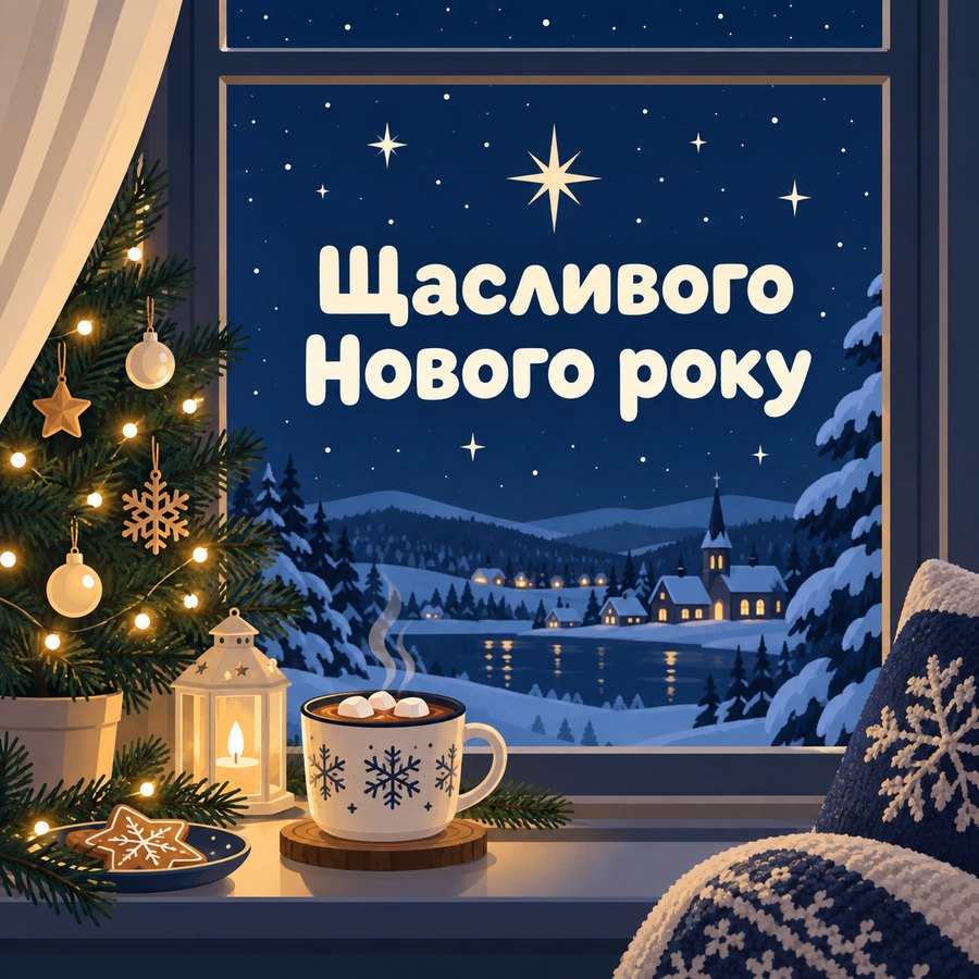 Листівка «Щасливого Нового року»: вікно з ялинкою, чашка какао і зимове небо з зірками