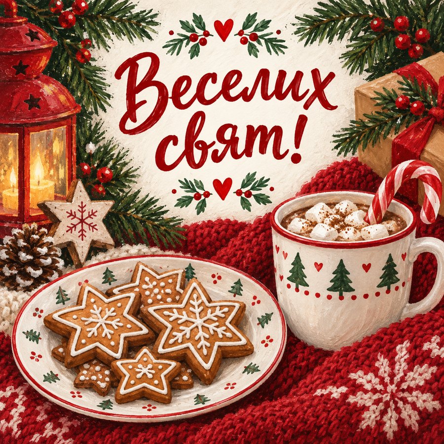 Листівка «Веселих свят!»: тарілка імбирного печива у формі зірок і чашка з карамельною паличкою
