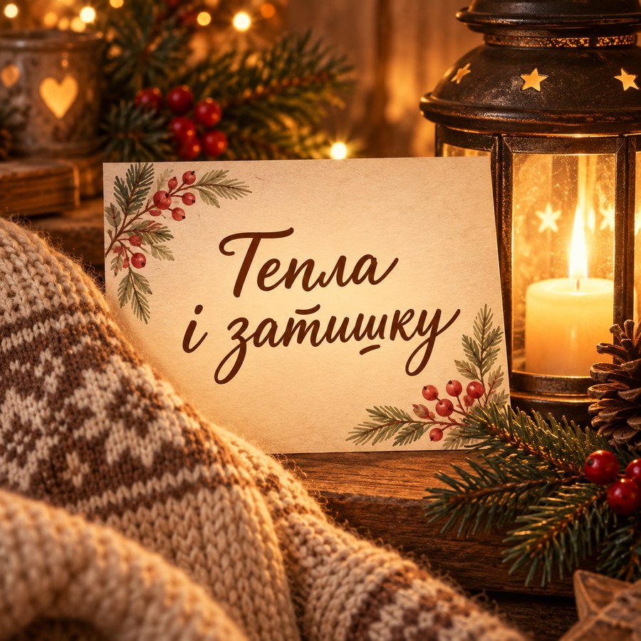 Листівка «Тепла і затишку»: ліхтар зі свічкою, вʼязаний плед і гілочка ялини з ягодами