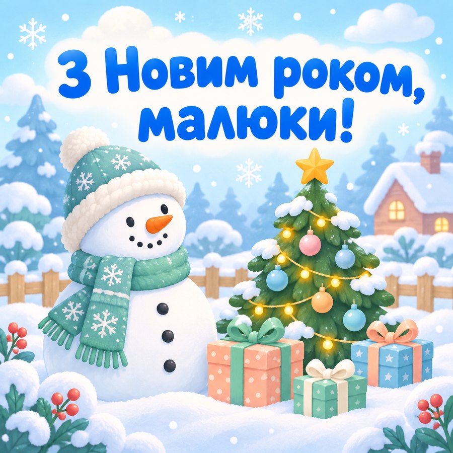 Листівка «З Новим роком, малюки!»: сніговик у шарфі біля ялинки з подарунками