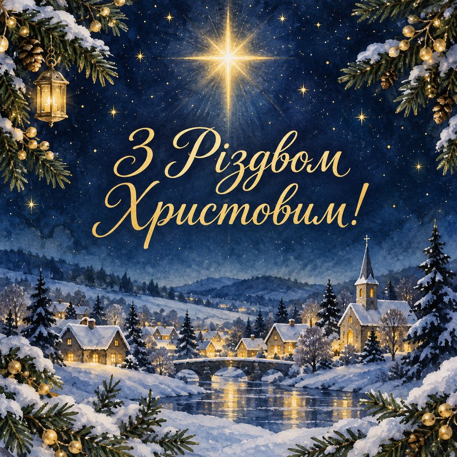 Листівка «З Різдвом Христовим!»: зоря над засніженим селом і ялинові гілки