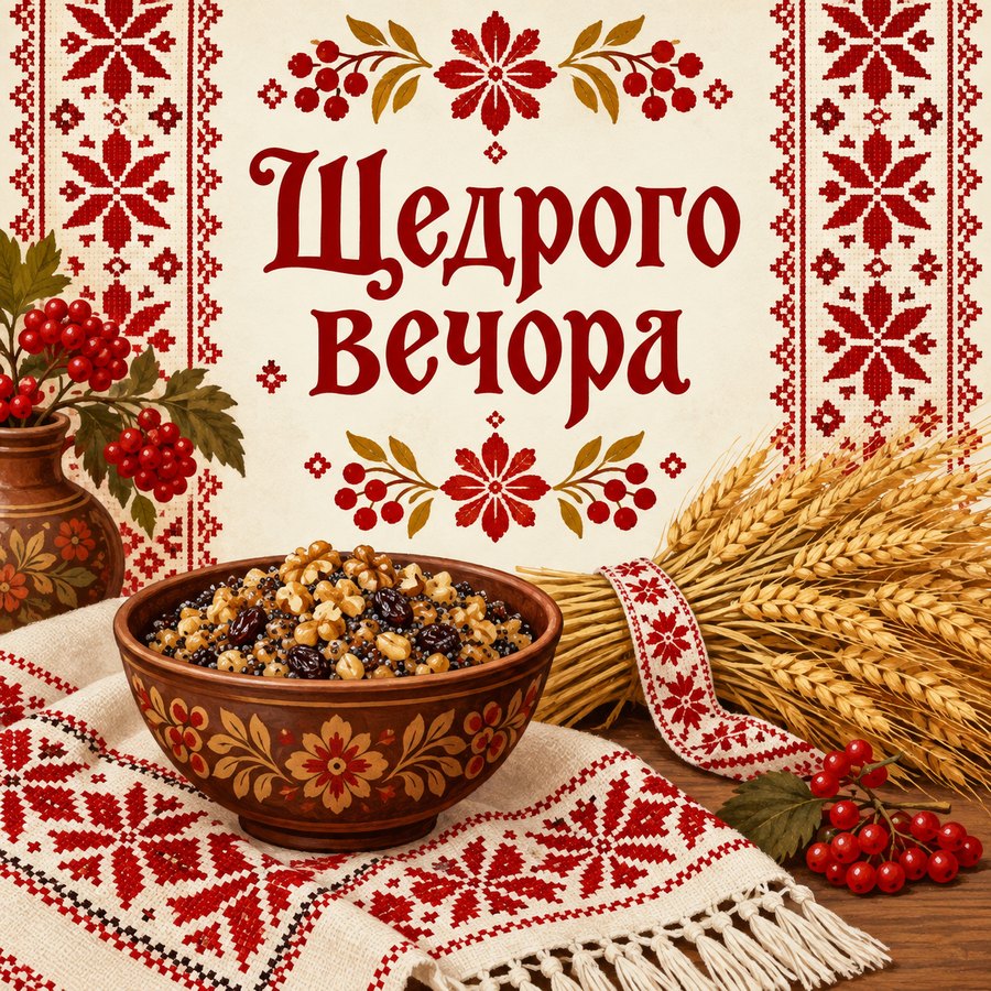 Листівка «Щедрого вечора»: вишитий рушник, кутя і сніп пшениці