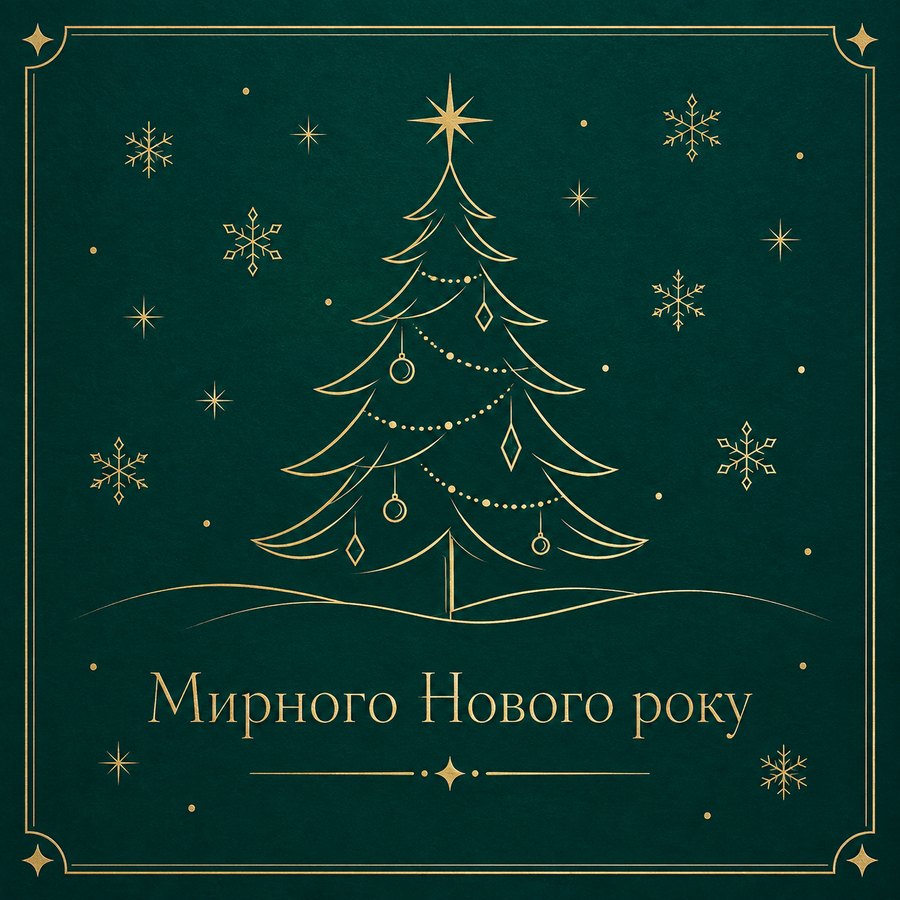 Листівка «Мирного Нового року»: лінійна ялинка із зіркою на темно-зеленому тлі
