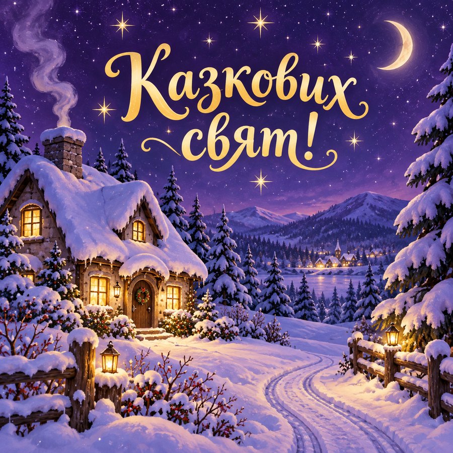 Листівка «Казкових свят!»: засніжений будиночок із теплим світлом у вікнах