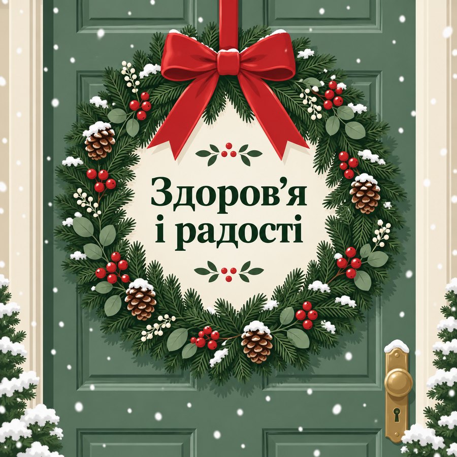 Листівка «Здоровʼя і радості»: різдвяний вінок із червоним бантом на дверях