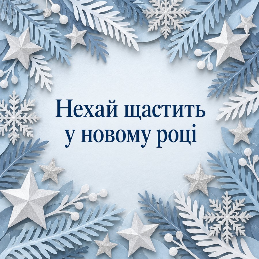 Листівка «Нехай щастить у новому році»: паперові ялинові гілки і срібні зірки