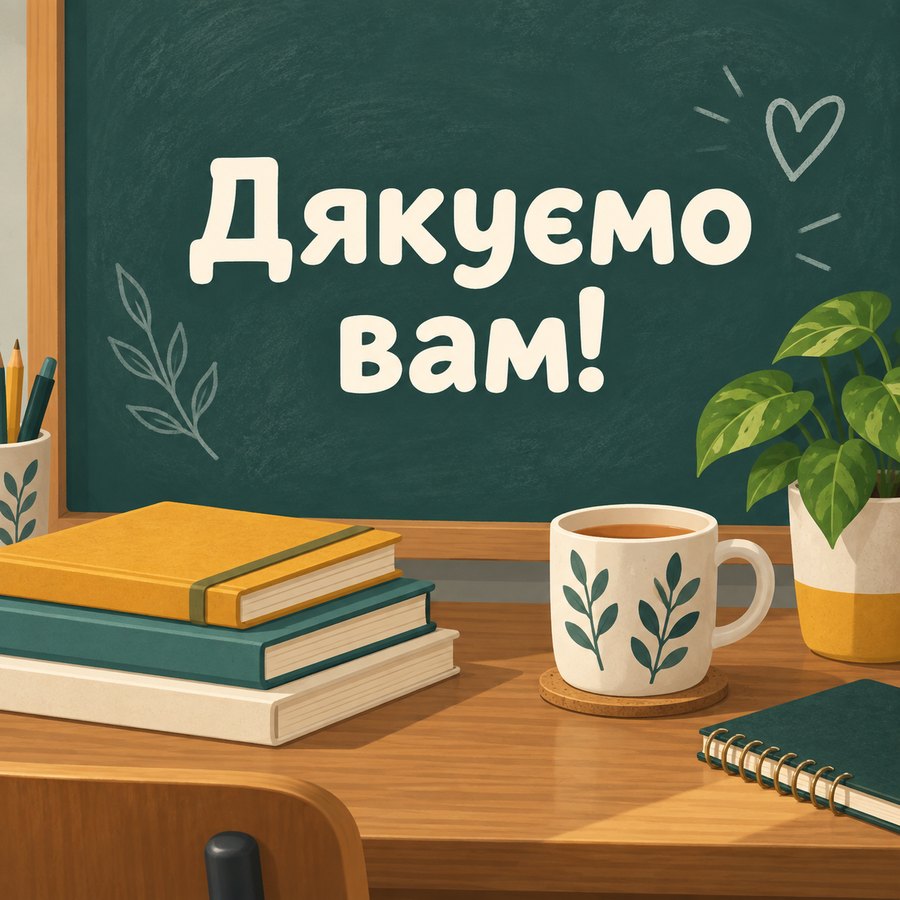 Листівка «Дякуємо вам!»: класна дошка, стос книжок, чашка чаю і кімнатна рослина