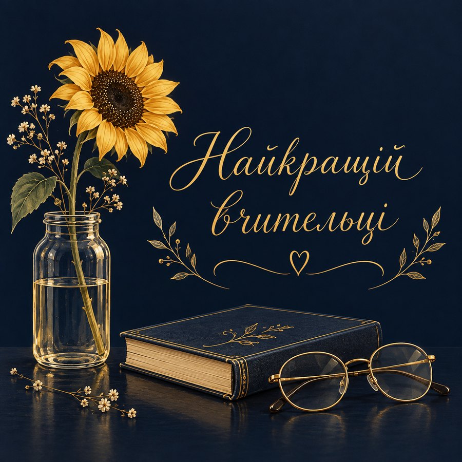 Листівка «Найкращій вчительці»: соняшник у банці, книга й окуляри на темно-синьому тлі