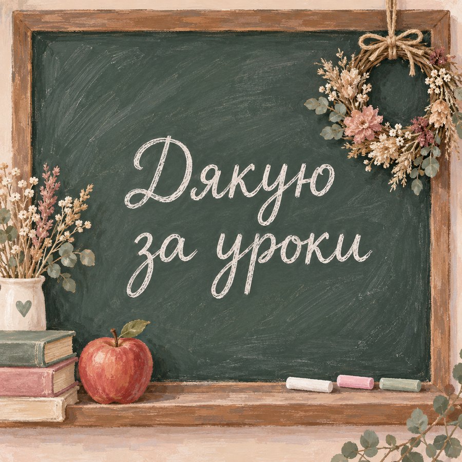 Листівка «Дякую за уроки»: зелена дошка з вінком із сухоцвітів, крейда і яблуко