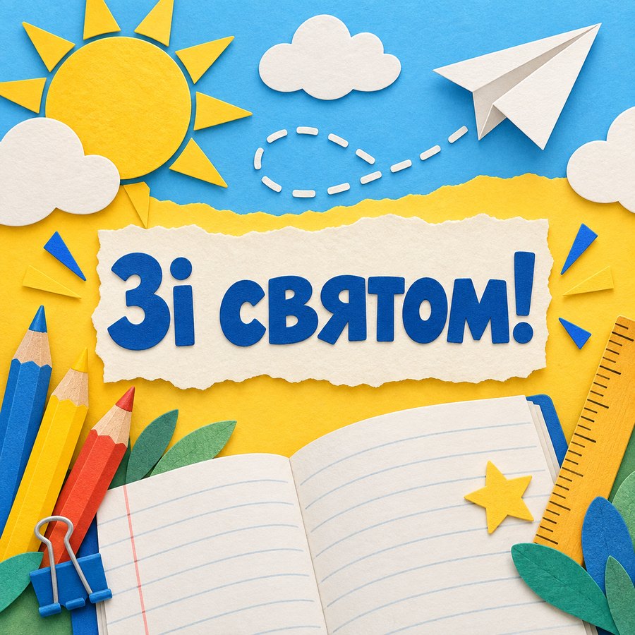 Листівка «Зі святом!» у стилі паперової аплікації: олівці, зошит, паперовий літачок і сонце