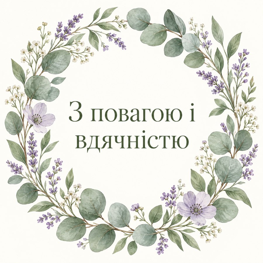 Листівка «З повагою і вдячністю»: вінок з евкаліпта й дрібних квітів на світлому тлі