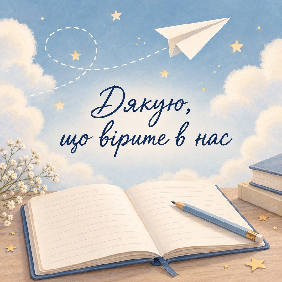 Листівка «Дякую, що вірите в нас»: паперовий літачок над розгорнутим зошитом