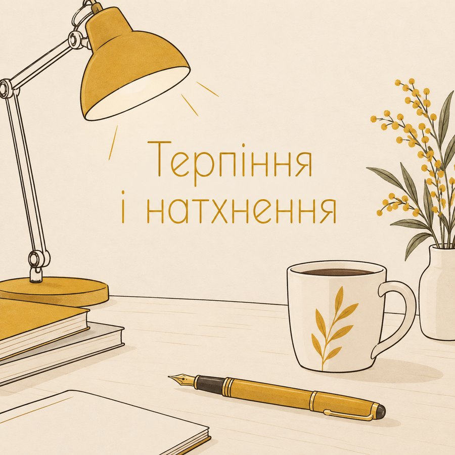 Листівка «Терпіння і натхнення»: настільна лампа, чашка кави і перо на столі