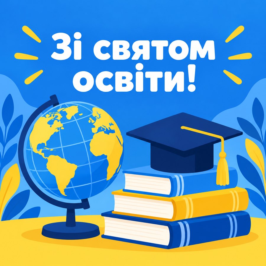 Листівка «Зі святом освіти!»: глобус, стос книжок і академічна шапочка