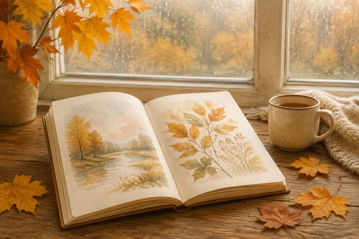 Осінні канікули: книга, кленове листя і чашка біля вікна